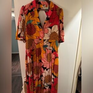 Long Floral Pattern Farm Rio Dress, Flower Buttons, Cut Out Back, Short Sleeve